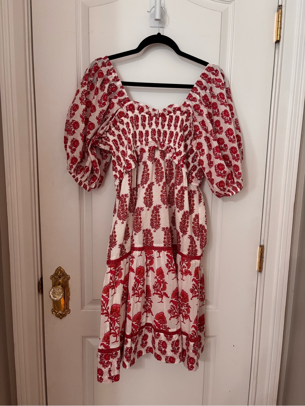 Ro's Garden Red Pink Block Print Smocked Puff Sleeve Tiered Cotton Dress M
